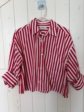 Madewell Red and White Vertical Stripe Button-Up